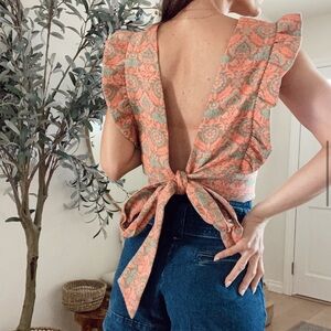 Floral Tie-Back Ruffle Sleeve Top - Coral Green